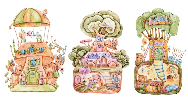 Watercolor cute nursery fairy tree and mushroom houses clipart set Kids illustration