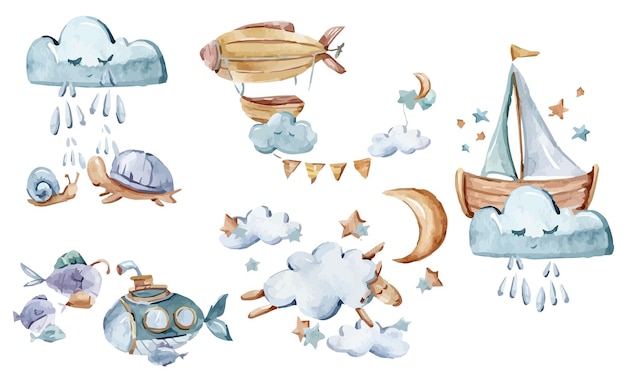 Watercolor cute nursery nautical illustration set sheep turtle submarine fish clipart