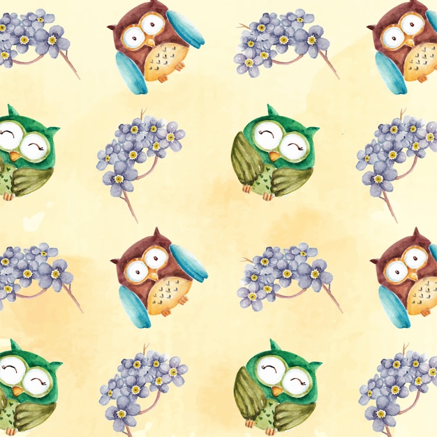 Watercolor cute owl character with purple flowers pattern