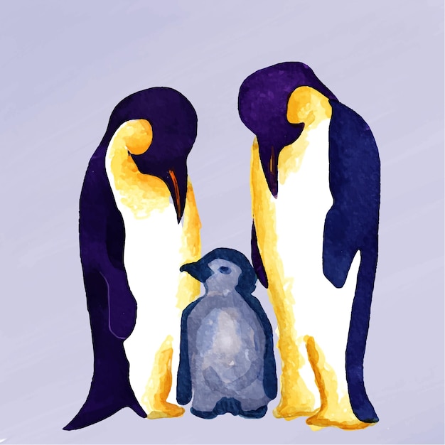 Watercolor cute penguin family concept art