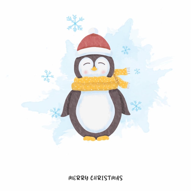 Watercolor cute penguin and merry christmas