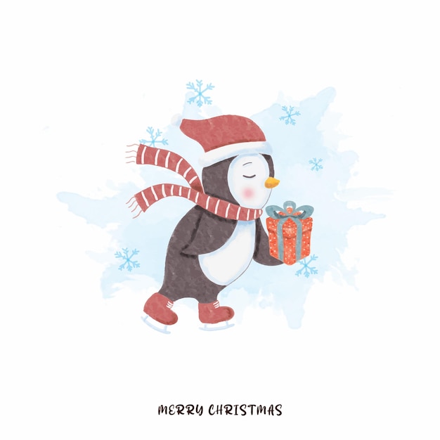 Watercolor cute penguin with gift merry christmas