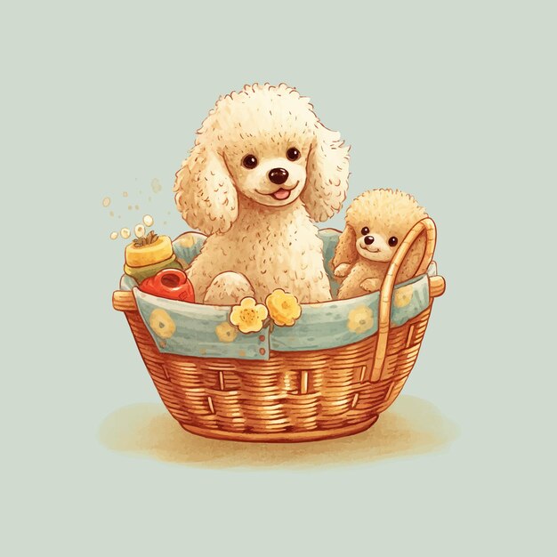 Vector watercolor cute puppies in basket