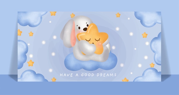 Watercolor cute rabbit sleeping on the moon card.