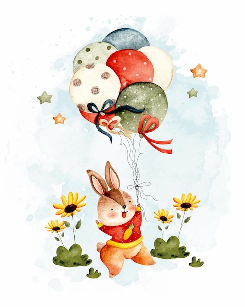 Watercolor cute rabbit with balloon and sunflowers