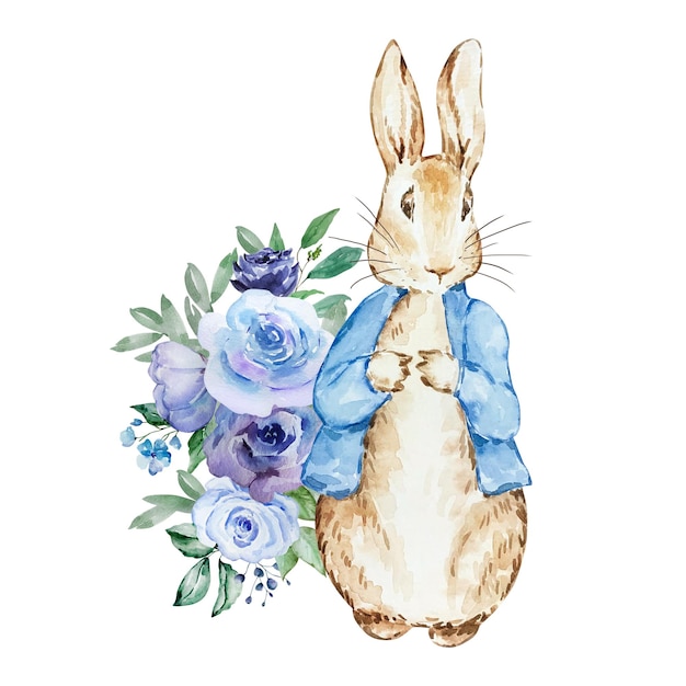 Watercolor cute rabbit with flowers