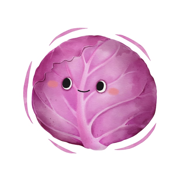 Watercolor cute red cabbage cartoon character Vector illustration