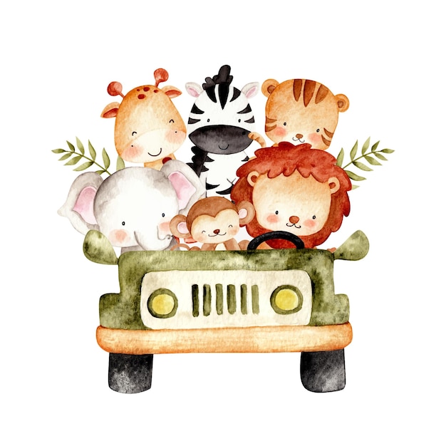 Watercolor cute safari animals in the car