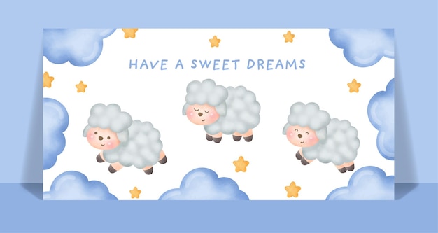 Watercolor cute sheep run and jump in the sky card.