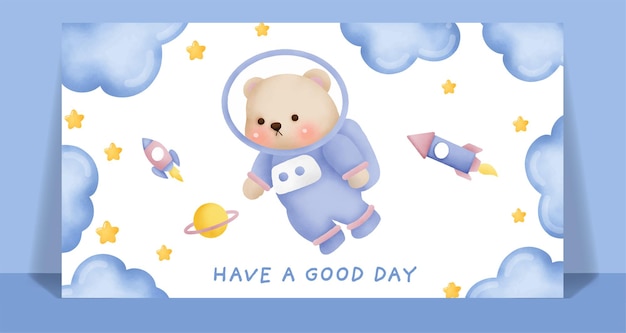 Watercolor cute teddy bear in the sky card.