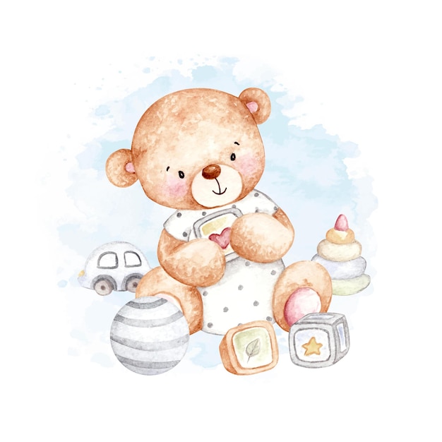 Watercolor cute teddy bear with toys