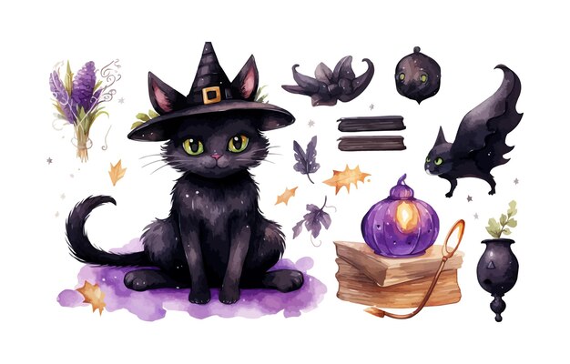 Vector watercolor cute witchy black cat clipart for graphic resources