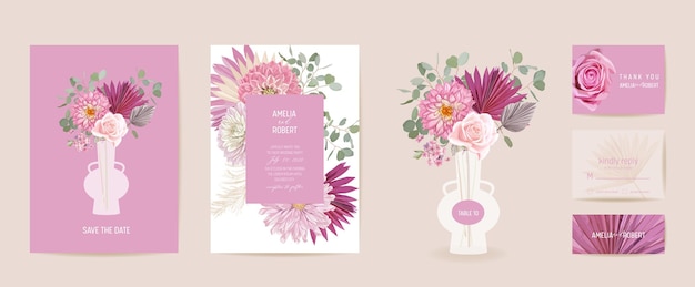 Watercolor dahlia, pampas grass, rose floral wedding card. Vector exotic flower, tropical palm leaves invitation. Boho template frame. Botanical Save the Date foliage cover, modern design poster