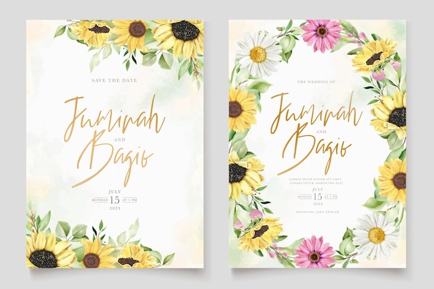 watercolor daisy and sun flower invitation card set