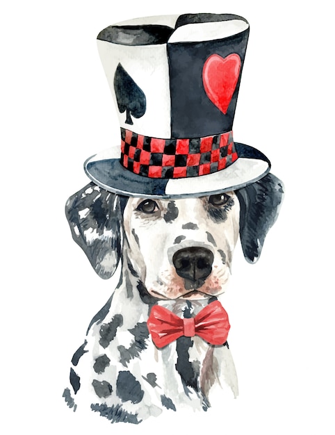 Watercolor Dalmatian dog with magic top hat