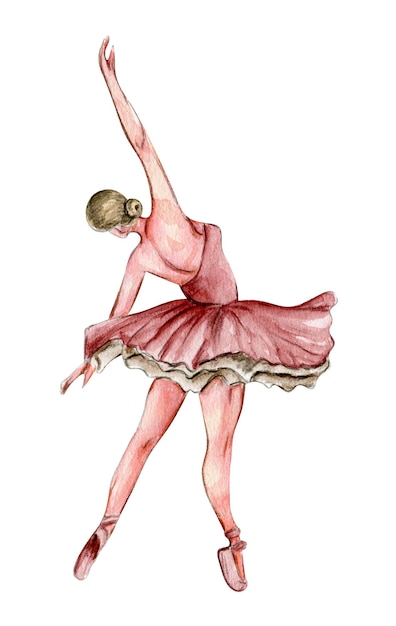 Watercolor dancing ballerina in pink dress. Isolated dancing ballerina. Hand drawn classic ballet