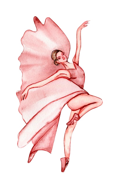 Vector watercolor dancing ballerina in pink dress. isolated dancing ballerina. hand drawn classic ballet