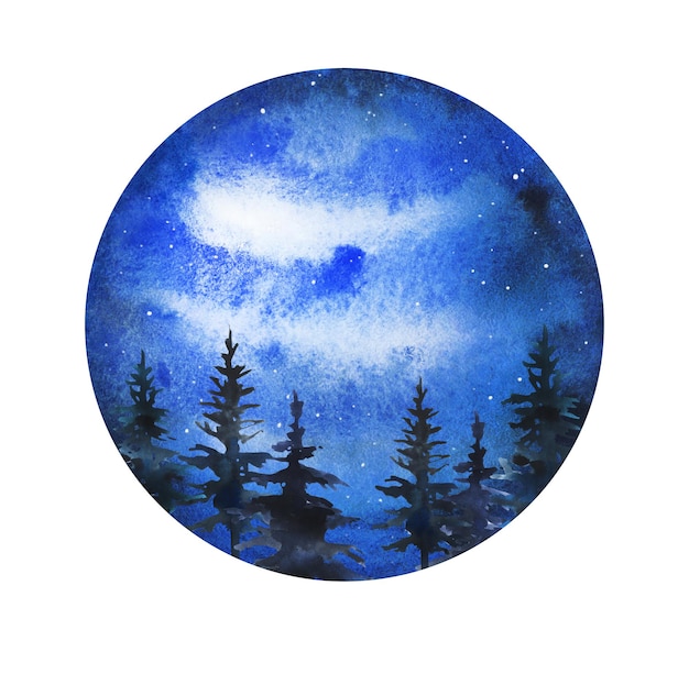 Watercolor dark deep night sky hand drawn forest