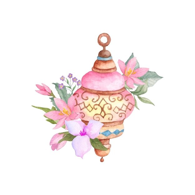 Watercolor decorative arabian lantern with floral elements