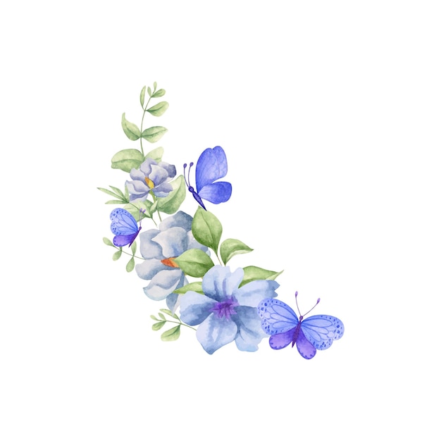 Watercolor decorative blue flowers bouquet with flying butterflies