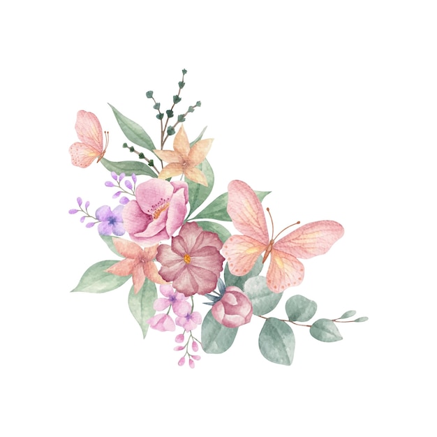 Watercolor decorative floral bouquet with flying butterflies