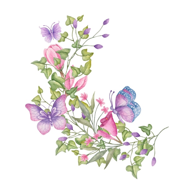 Watercolor decorative floral bouquet with lovely butterflies