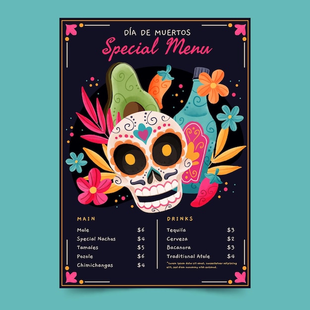 Watercolor dia de muertos menu template