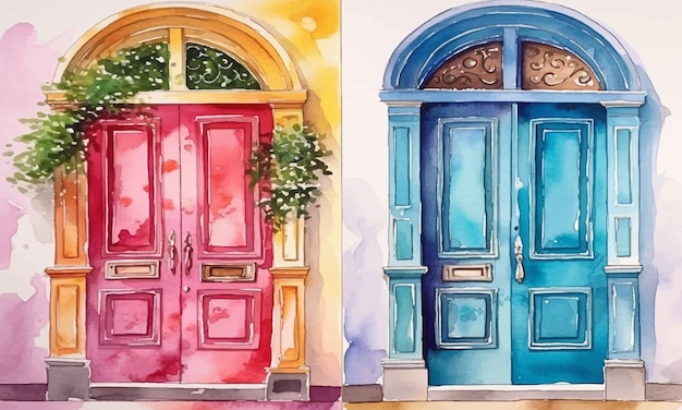 watercolor door with flowers and trees in the garden white background