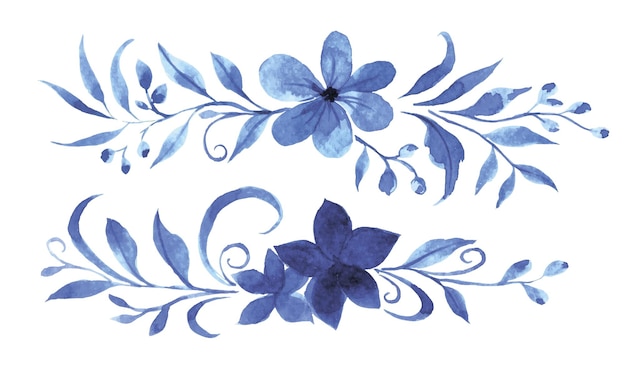 Vector watercolor drawing blue ornament of flowers and leaves gzhel abstract flowers