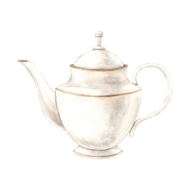 Watercolor drawing of a ceramic teapot with gold braid Illustration hand drawn on white background