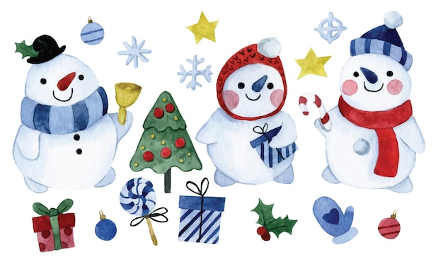 watercolor drawing. cute christmas set with snowmen. cartoon style characters, christmas elements