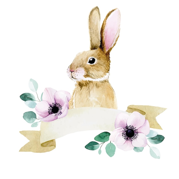 watercolor drawing cute easter bunny with flowers decoration for greeting card Easter bunny