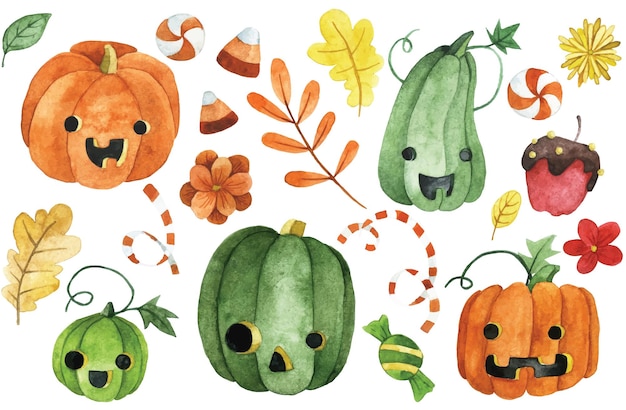 watercolor drawing. cute halloween pumpkins, candies, autumn flowers and leaves. decorations