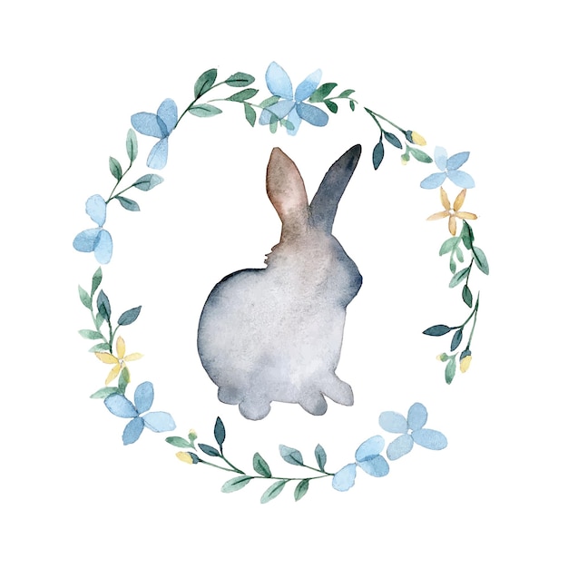 watercolor drawing Easter bunny with a wreath of spring flowers cute easter bunny scandinavian