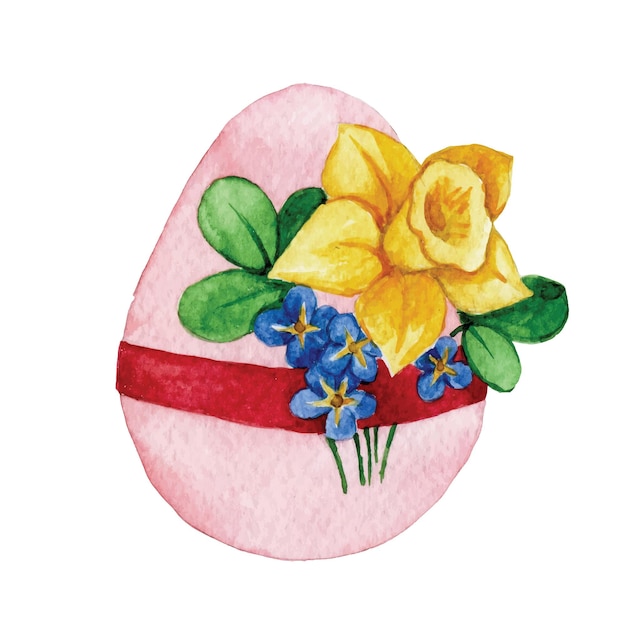 watercolor drawing Easter egg with a bouquet of spring flowers