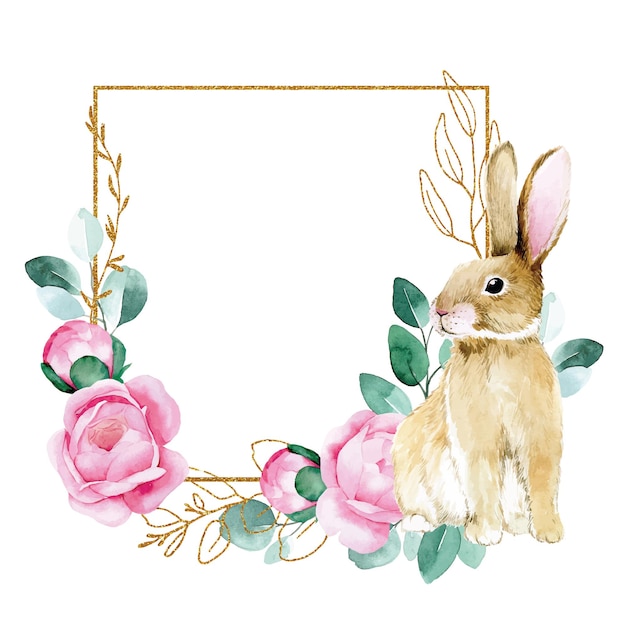 watercolor drawing golden frame with easter bunny and flowers golden eucalyptus leaves decor