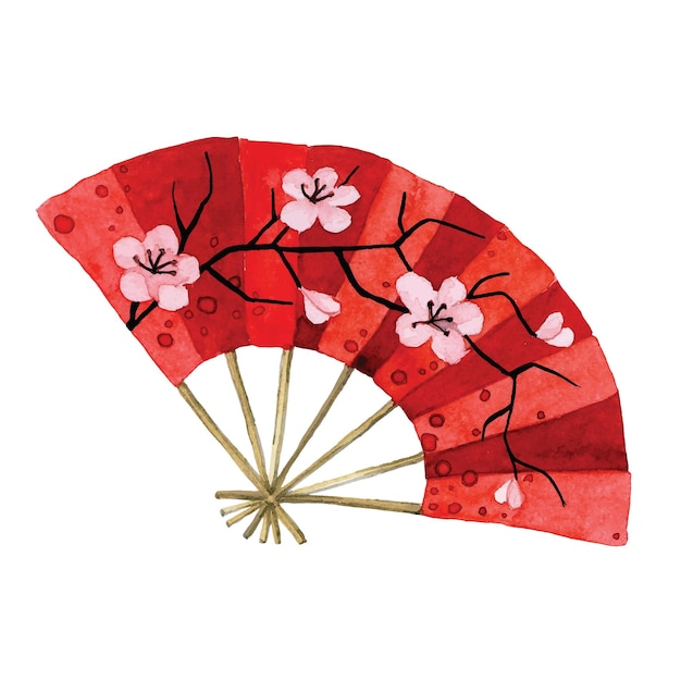 watercolor drawing. Japanese fan. red fan with sakura flowers chinese new year