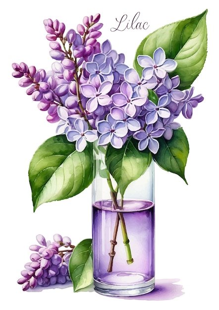 watercolor drawing of a lilac with stem and leaves in glass