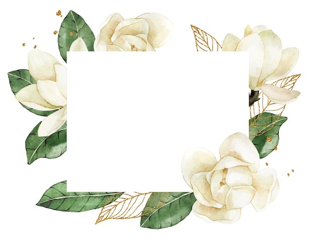 watercolor drawing. rectangular frame with white flowers and magnolia leaves and golden elements.