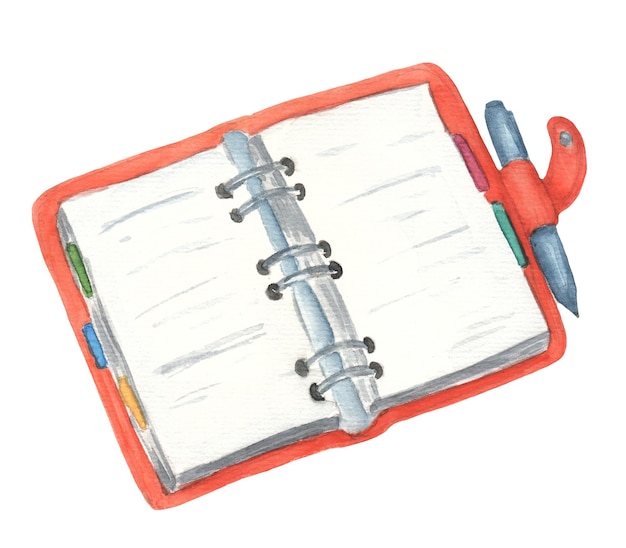 watercolor drawing red diary with bookmarks