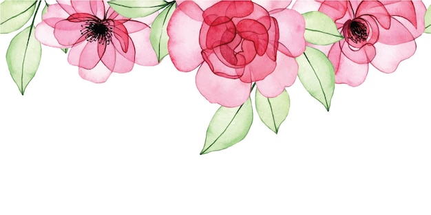 watercolor drawing. seamless border, transparent flowers frame, pink roses, buds and leaves. x-ray