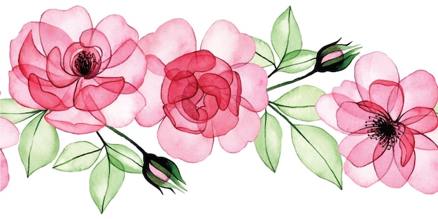 watercolor drawing. seamless border, transparent flowers frame, pink roses, buds and leaves. x-ray