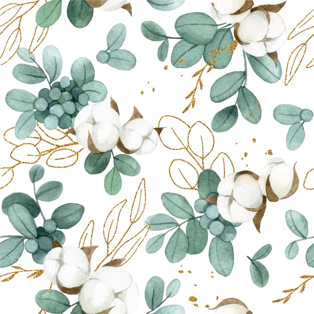 watercolor drawing. seamless pattern with golden eucalyptus leaves and cotton flowers on a white