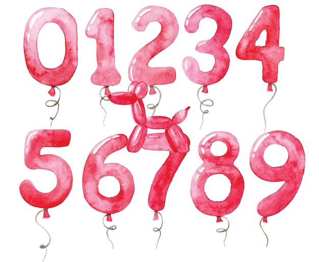 watercolor drawing set of balloons with numbers Collection of festive balloons in pink color