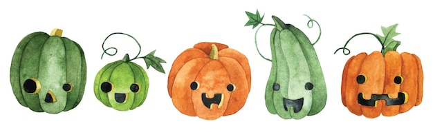 watercolor drawing, set of cute halloween pumpkins. green and orange pumpkins, with funny faces