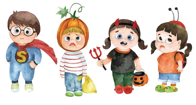 watercolor drawing, set of cute kids in halloween costumes. funny characters kids at the party