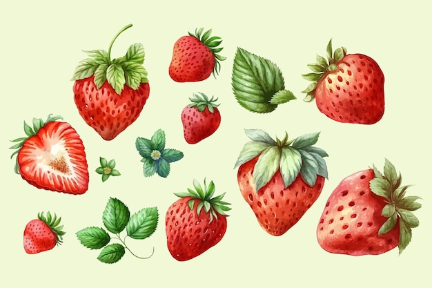 A watercolor drawing of strawberries and a green leaf