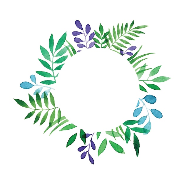 watercolor drawing wreath round frame with tropical leaves abstract forest herbs and leaves