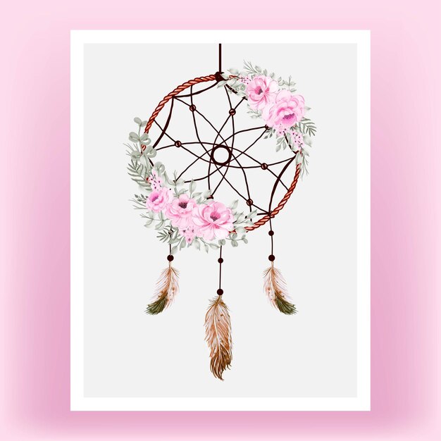 Vector watercolor dream catcher rose pink flower feather