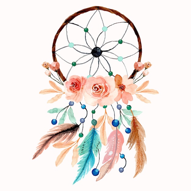 watercolor dream catcher with flower and feather